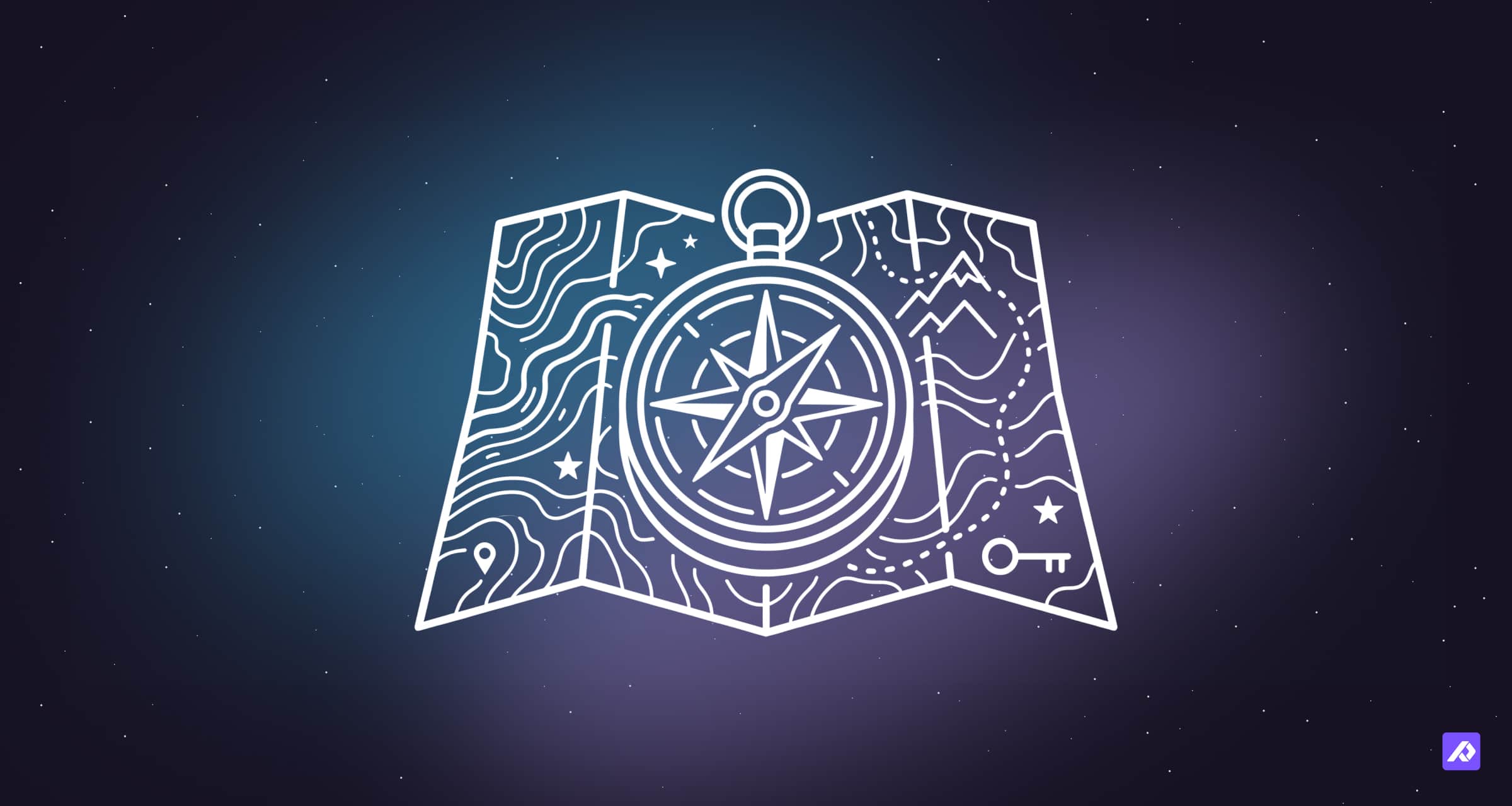 Illustration of a compass over a folded map with paths, mountains, and markers, symbolizing navigation or finding direction.
