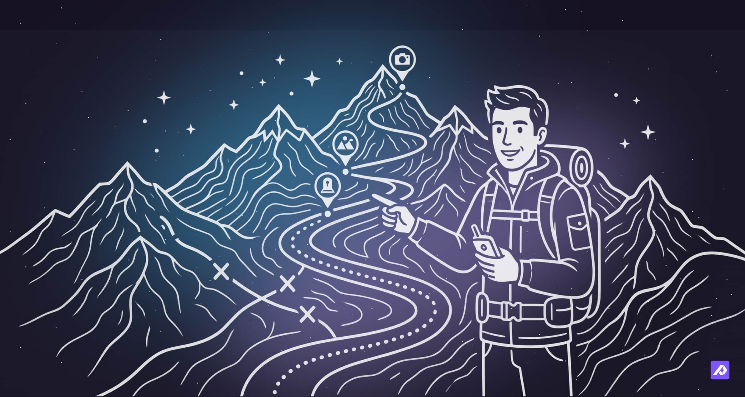 Illustration of a hiker with a phone navigating a mountain trail, with marked waypoints and paths, symbolizing guided navigation or journey planning.