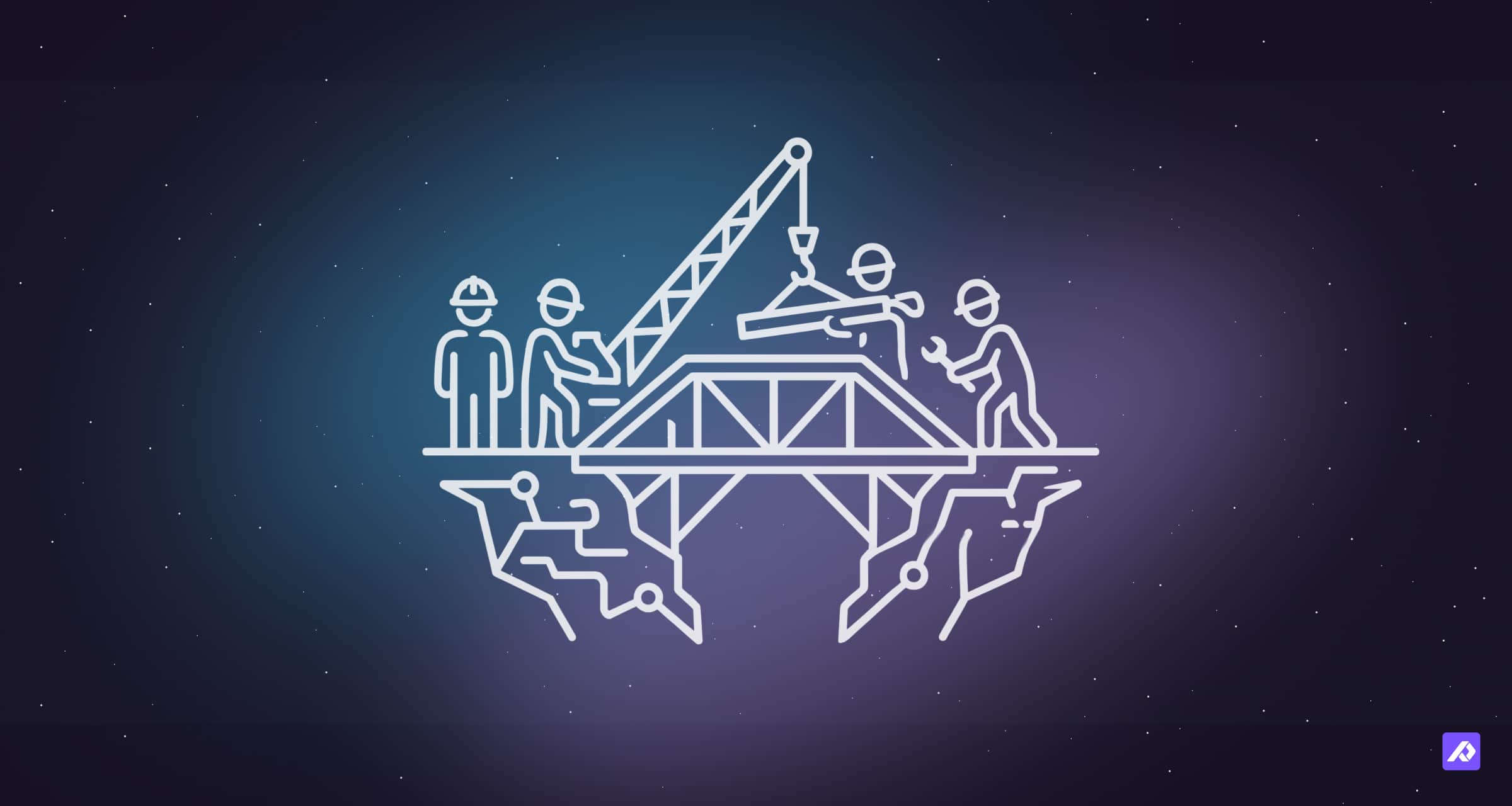 Line illustration of workers building a bridge with a crane, connecting two sides over a gap, symbolizing collaboration or construction.