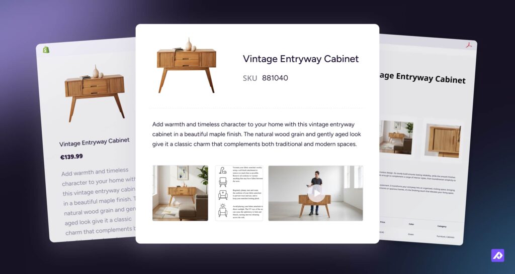 Product details in PIM software interface, Shopify store, and PDF.