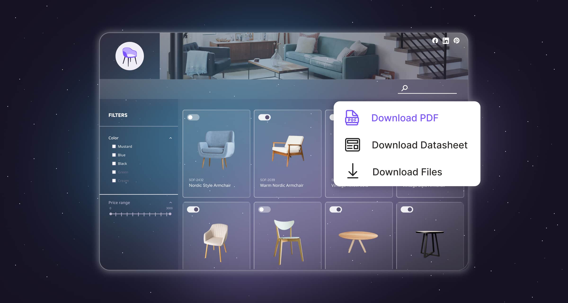 Interface of Plytix PIM showing a Brand Portal with exporting options (Download PDF, Download Datasheet, Download files).