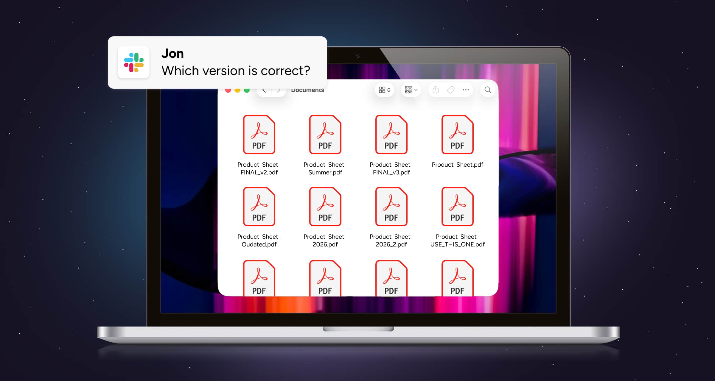 Illustration showing a laptop with multiple PDFs and a slack message asking "Which version is correct?".