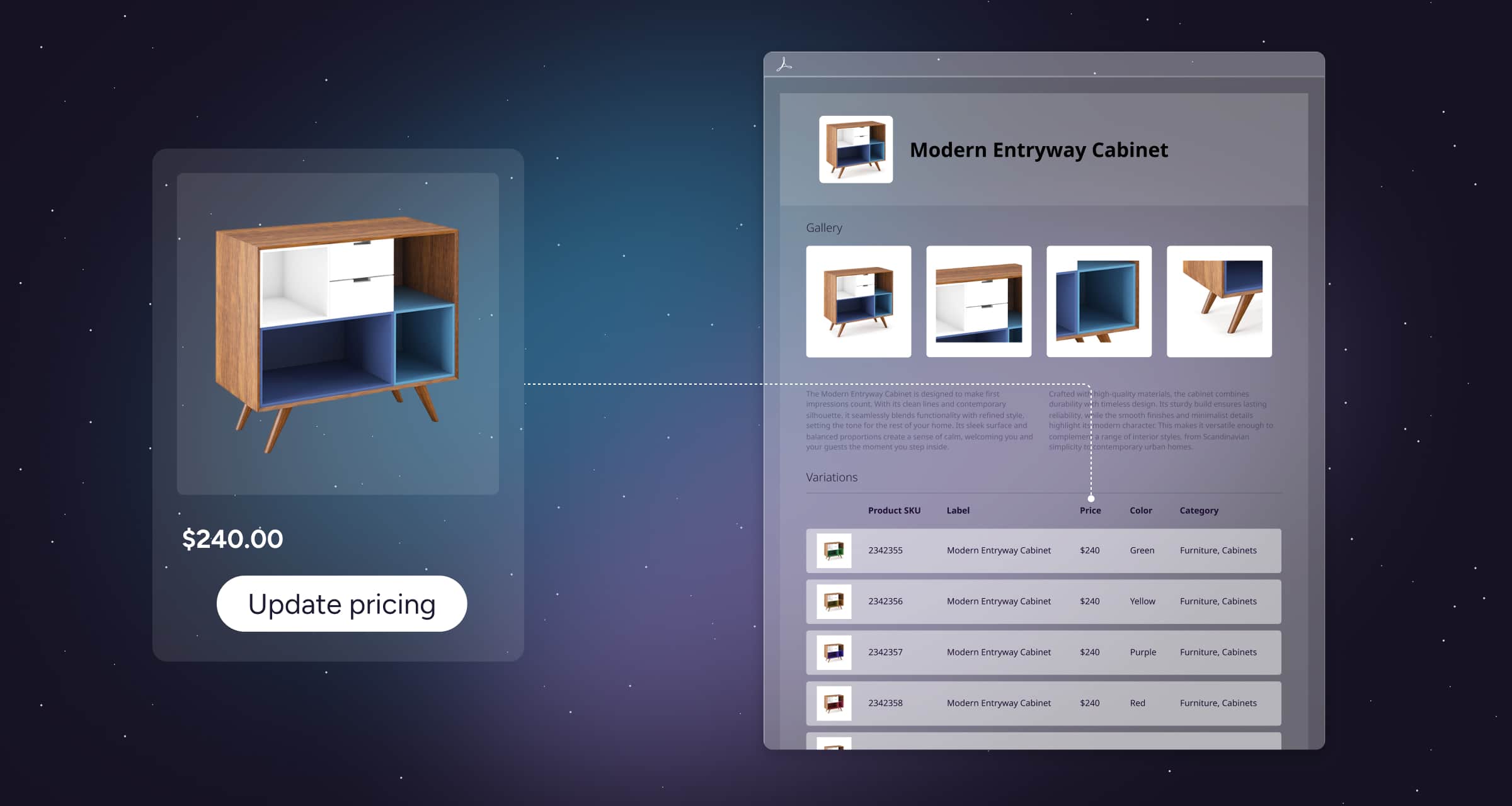Illustration of a product in Plytix PIM with a corresponding Product Data Sheet showing the same product information.