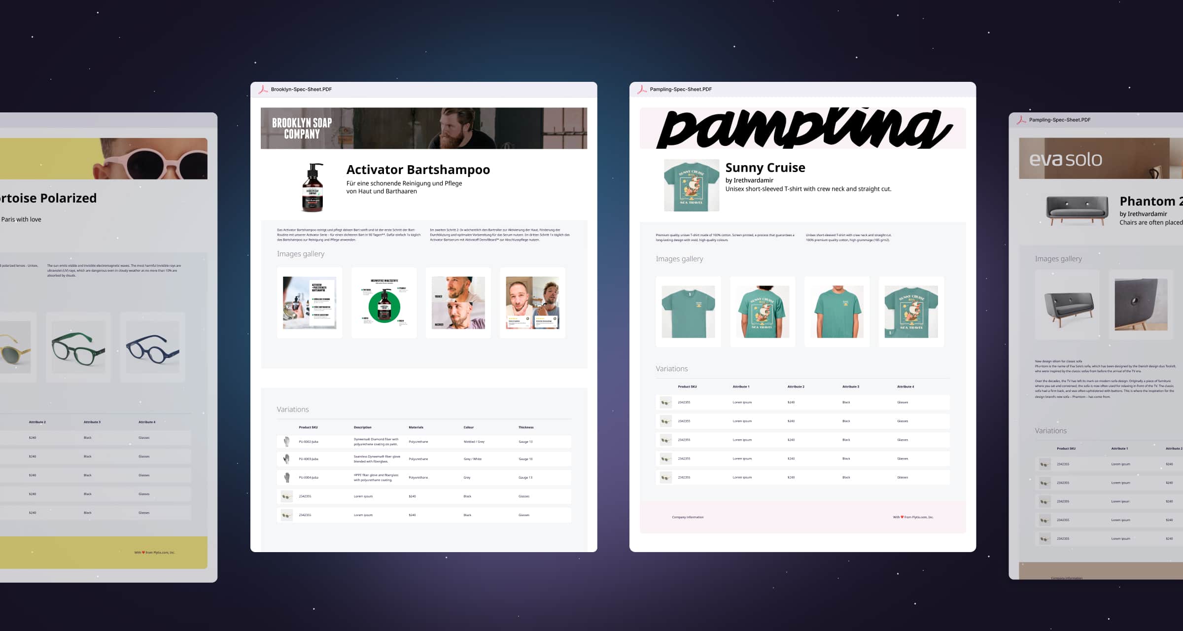 Four different examples of Plytix PIM Product Data Sheets.