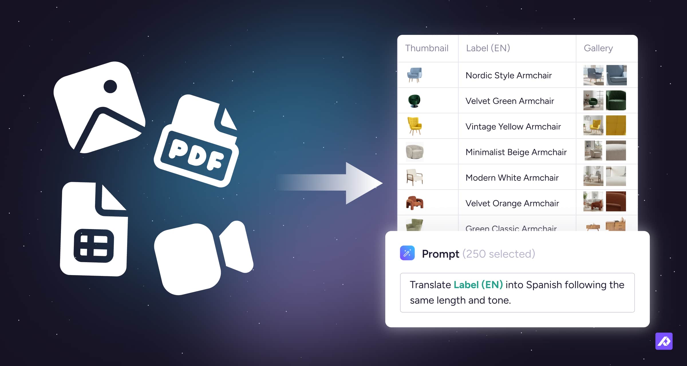 Illustration showing multiple asset files being imported into the Plytix PIM system, with an option to apply AI-powered transformations during the upload process.