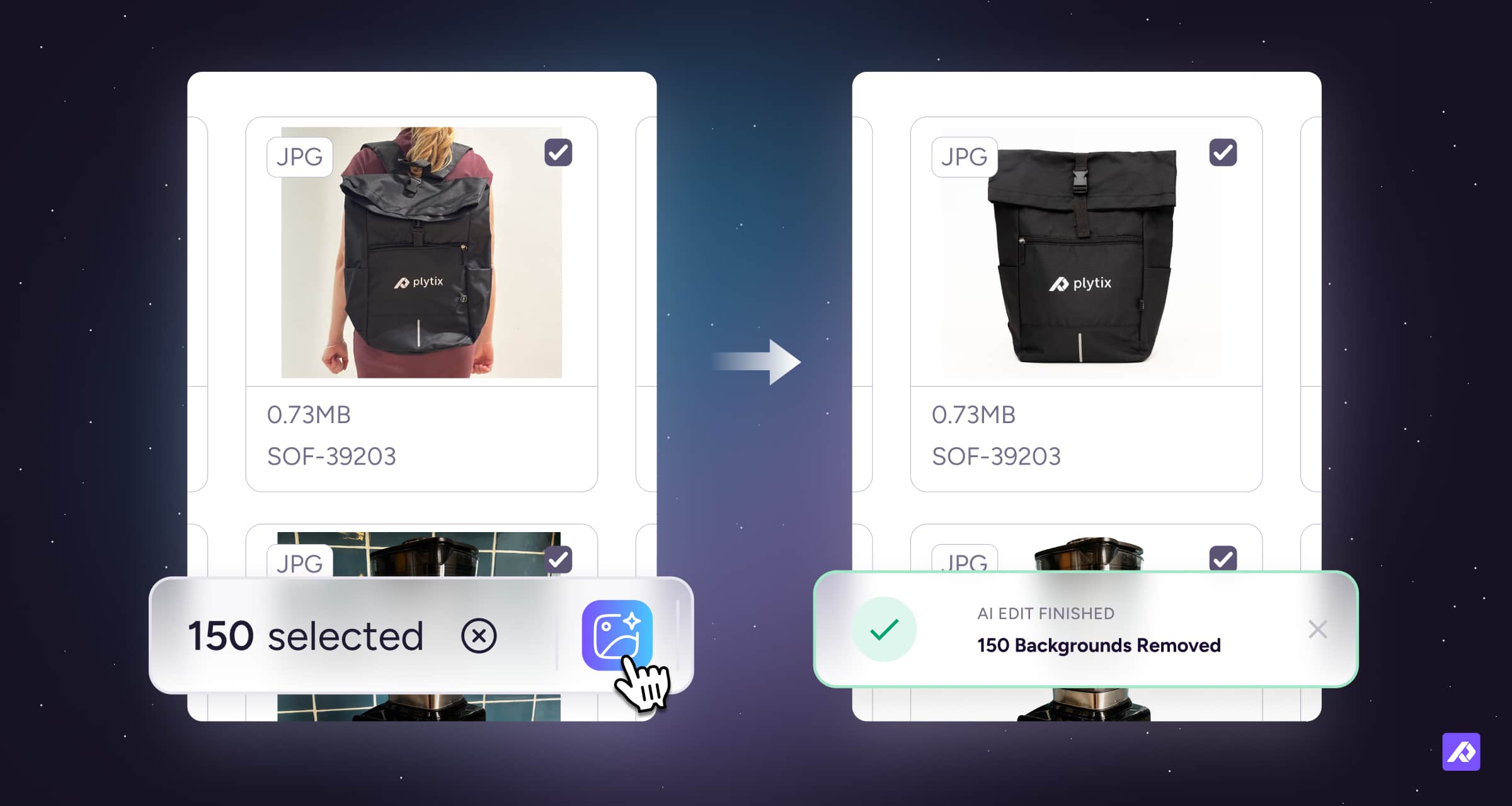 Plytix PIM interface showing bulk AI background removal feature.